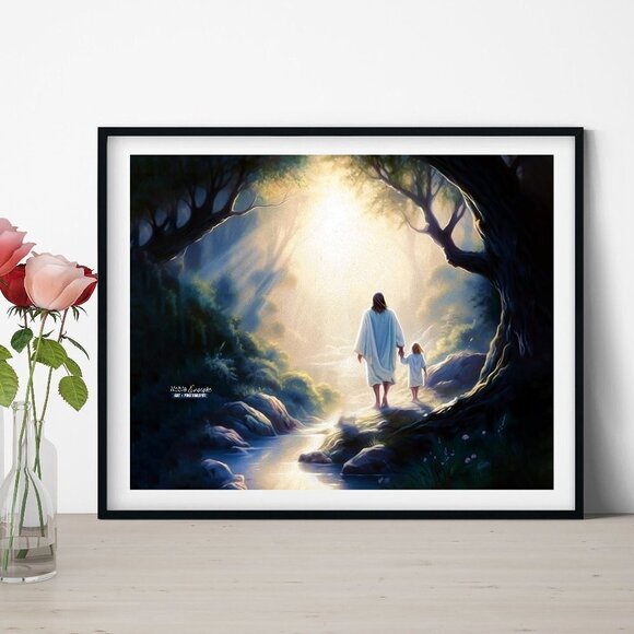 Jesus Christ with Child Walking Towards Paradise Oil Painting Art Print - Picture 2 of 7